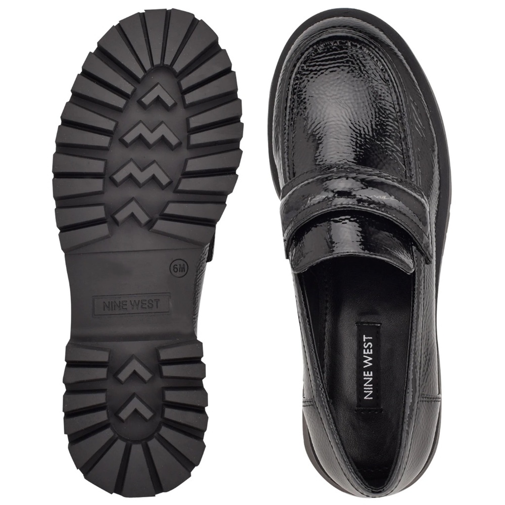 Nine West Black Patent Faux Leather Loafers - Garren Lug Sole Shoes 9 - Picture 2 of 4